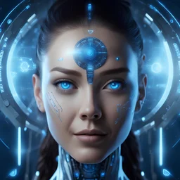 beautiful smiling cyborg woman face in full view, blue rays and numbers fly around the head , photorealism, perfect composition, cinematic frame, complex details, hyper-detailed