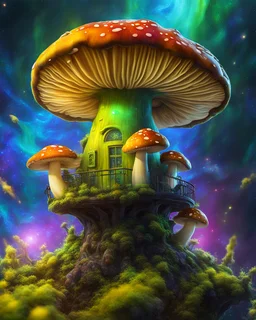 A floating island mushroom house in space. yellow green blue cosmic, deep space nebulas. Detailed gloss Painting, bright color, fantastical, intricate detail, splash screen, hyperdetailed, insane depth, concept art, 8k resolution, trending on Artstation, Unreal Engine 5, color depth, backlit, splash art, dramatic, High Quality Whimsical Fun Imaginative, good composition