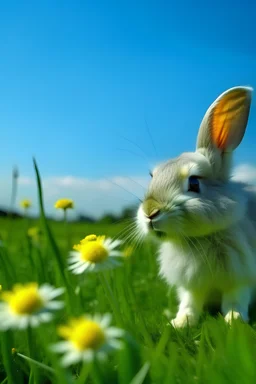 Dandelion met konijn blauwe lucht en groen gras
