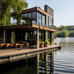 fachada de un restaurante moderno en un lago, con terraza. En medio de arboles y senderos