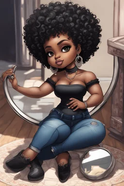 Create a furturism magna art of a black chibi curvy female sitting on the floor looking at herself in a hand mirror. She is wearing tight blue jeans and a black off the shoulder blouse. Prominent make up with lush lashes. Highly detailed tight curly afro. She is also wearing silver large hoop earringsart of a black chibi curvy female sitting on the floor looking at her cell phone. She is wearing tight blue jeans and a black off the shoulder blouse. Prominent make up with lush lashes.