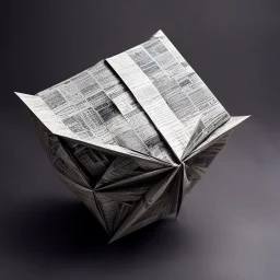 [in outer space with celestial objects by Rogelio Bernal Andreo] Creating an origami satellite made of newspapers? Now that's a challenge. Imagine folding the newspaper pages with precision, forming intricate creases to mold the shape of a satellite floating in space. The black and white print of the newspaper adds a unique texture to the origami creation, giving it a rustic and artistic look. The satellite's solar panels delicately crafted from news headlines, its antennas made from classified