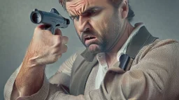 MAN POINTING GUN AT THE PHONE