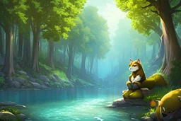 Girl, furry racoon , forest, river