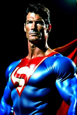 extremely muscular, short, curly, buzz-cut, military-style haircut, pitch black hair, Paul Stanley/Elvis Presley/Pierce Brosnan/Jon Bernthal/Sean Bean/Dolph Lundgren/Keanu Reeves/Patrick Swayze/ hybrid, as the extremely muscular Superhero "SUPERSONIC" in an original patriotic red, white and blue, "Supersonic" suit with an America Flag Cape,