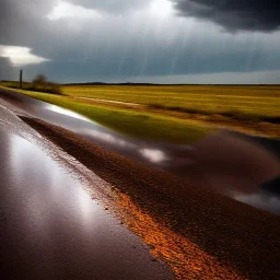 hyperrealistic shot, off-road truck, speeding, earth color palette, sharp focus, puddle reflection, tire water splash, refraction, rain and lightning on the horizon, shadowcast, detailed and intricate, cinematic composition, tilt shift photography