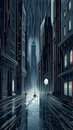 An atmospheric, noir-style illustration of a rainy cityscape at night, featuring glowing streetlights reflecting off the wet pavement, towering Art Deco skyscrapers, and a statue evoking a sense of intrigue and timelessness.thin line draw
