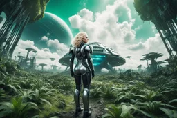 Wide angle photo of a sci-fi woman with blond hair, silver and black futuristic spacesuit looking android-like, standing on an derelict alien jungle planet with cloud trees in multiple green hues