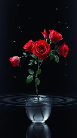 The image is a digital artwork that depicts a branch of red roses tangling in to a water in vase with aThe rose floats on the surfaces of the water, creating a wave-like effect. The background is black, which makes a branch of a tree of red roses stand out even more. Water droplets are scattered adding to the dreamy, ethereal quality of the image. The a