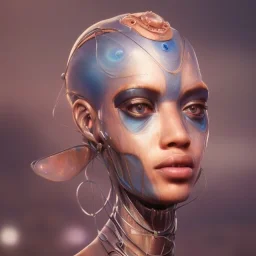 portrait,beautiful african robotic sirene, post-apocalyptic in a cyberpunk city, realistic, intriacte detail, sci-fi fantasy style, volumetric lighting, particales,highly detailed,cinematic, deep blue.