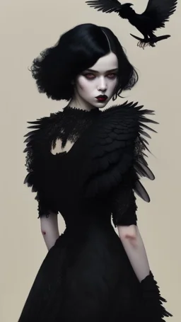 painting by koson ohara and marta bevacqua, portrait of a beautiful goth woman with black hair Caress a crow, wearing a black dress, 8k, high quality, highly detailed full body