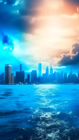 Fantasy world experiencing flood of a big city half covered with water and The sky is clouded with smoke