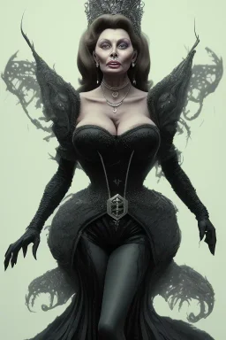 Sophia Loren as evil queen in black leather, cleavage, angry, stern look. character design by cory loftis, fenghua zhong, ryohei hase, ismail inceoglu and ruan jia. unreal engine 5, artistic lighting, highly detailed, photorealistic, fantasy