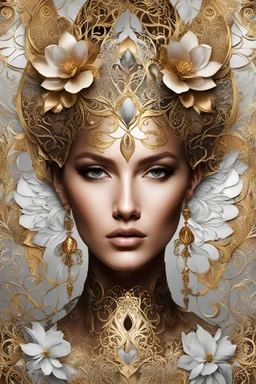 Beautiful face of European woman with voidcore shamanism collage metallic filigree abstract, a portion of her face is art decaden embossed florql t angel , and a portion of her face is stylish flowers metallic filigree foulard print, a portion of her face is gold wooden filigree tqttooed and a portion of her face Is palimpsest stripes, degrade print fantasy background, masterpiece, portrait