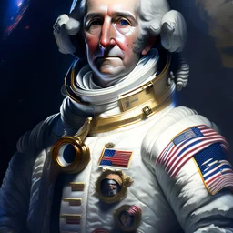 Portrait of George Washington in a space suit in the style of Jim Lee and Paul Hedley, Gabriel Testino, 8k, cinematic, ultra hd, sharp focus