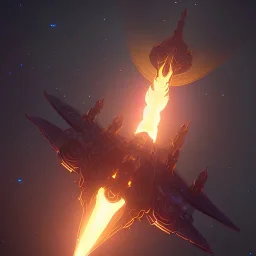 huge ornate spaceship made of brass flying through space, on fire, smoking