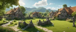 A photo of a quiet village green in a beautiful surreal outdoor countryside sunny scene, with distant hills & fields, many conjoining intricate characterful dwellings (designed by Esher) with many pathways & stairways, streams & waterfalls, a waterwheel : ultra high detail, photorealistic, epic cinematic, 8K, Large depth of field