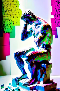 Artistic photo in the audacius style of Jill Greenberg, upclose striking image about "The Thinker statue", the statue as main focus in a white room with his body covered in movie scene shadows playing on the body about news and movie scenes. Exploding into the air are colourful matrix data and virtual numbers, on the floor are broken pieces of statue, questioning the role of deep thought in an increasingly digital and disconnected world, , extravagant, barroque escene