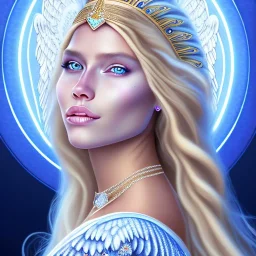 portrait of a beautiful aztecan woman with an angel face smiling,long blond hair, blue eyes, pink and blue dress, jewels, soft light aura