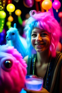 portrait of glitter haired lama on a yoga space ship made of ice cream, smiling with beautiful shiny ears, each inside a pile of transparent jelly bubbles of weird colors with insect aliens inside, disco egg made of small mirror, light rayz, feast table ,shot on Hasselblad h6d-400c, zeiss prime lens, bokeh like f/0.8, tilt-shift lens 8k, high detail, smooth render, down-light, unreal engine, prize winning