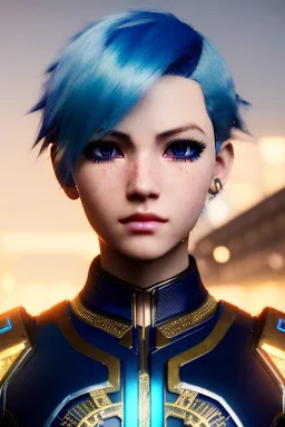 Cyborg anime warrior, light blue hair, short and messy hairstyle, pierced ears, golden eyes, clear complexion waist up portrait, 8k resolution, intricate details, ornate details, soft lighting, vibrant colors, retroanime, masterpiece, intricate eyeliner, dark eyeshadow, eyes, intricate tattoos, futuristic cityscape background