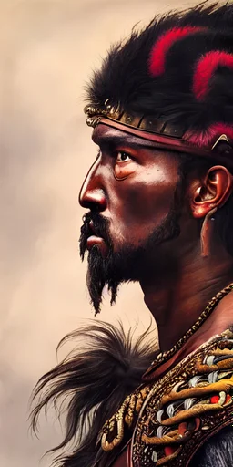 Retrato hiper realista de uma guerreira cores profundas auto relevo
