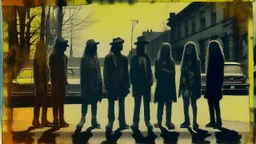 Street silhouettes during holidays, with hippies, 35mm film, grain, VHS, Dark, tintype print combinated watercolor and rust art