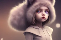 Little girl cutest AND softest creature in the world| large doll like eyes| supernatural and otherworldly| highly detailed vibrant fur| magical glowing trails| light dust| aesthetic| cinematic lighting| bokeh effect| mdjrny-v4 style