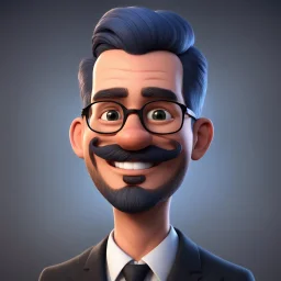 a portrait of smiling western man. caricature. blue short hair. light skin. black eye pupils. rectangle eyeglasses, black frame. oval face shape. beard and moustache. wear black formal dress. pixar style. 3D. 4k. portrait. highly detailed. sharp focus. high resolution. full color. cinema lighting