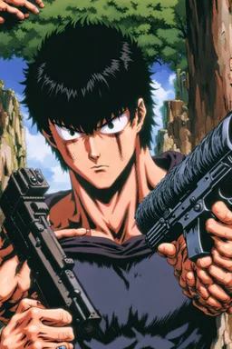 Guts from Berserk holds a revolver gun to his head.