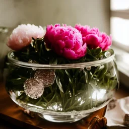 Cinematic shot of peonies inside a glass bowl, glass, crystal, linen, dewdrops, warm lighting, luxurious, terrarium