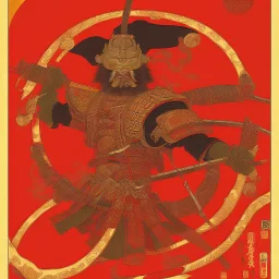 Single human Samurai Japanese Ukiyo-e, red sun in the background