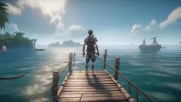 A survivor man on sea shore of an Island, standing on his wooden raft, graphics quality unreal engine and person should be in center of screen. make it look a bit real