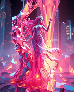 very complex structure ,pretty viberating color environment 3d metalic and crystal recursive animating beveled geometric base very complex structure future world evolving background and goddess realistic modern lady in pretty cleric dress comes out dancing gracefully , viberating color moving very in modern city escape environment while camera tracking it.
