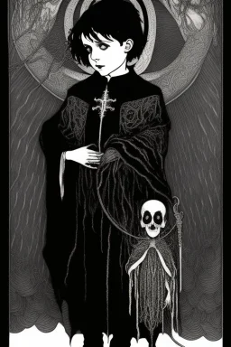 7 year old boy, necromancer, friendly, looks dead,with a long lamprey emerging from his belly , wearing black robes, in the style of Harry Clarke