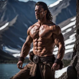 Handsome and muscular 30 year old shirtless mountain man, dark fantasy, snow capped mountains