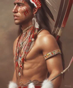 Guaicaipuro, native american, Muscular warrior, three red feathers headband, holding spear