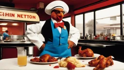 high res photo the colors are bold and vibrant, with a warm, nostalgic hue (by Helmut Newton) a cooked chicken is dancing on the diner table! the captain Sanders (KFC cap) has a big gun and tries to kill the chicken