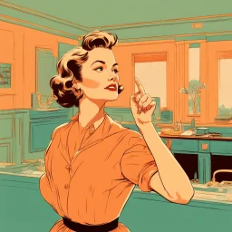 woman in messy blouse pointing to her neck, 1950s architecture interior house, art deco furniture visible. peach orange and cyan interior