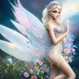 fantasy fairy with transparent wings, smiling, make up, long platinum blond hair with crown and flowers, arcoris dress