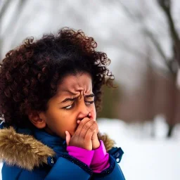 Crying girl, sad, expressive, emotive, frowning, furrowed eyebrows, pouting lips, African American, curly hair, looking out, blizzard