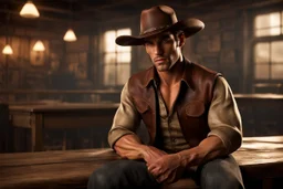 Young rough and rugged muscular cowboy photorealistic in a saloon