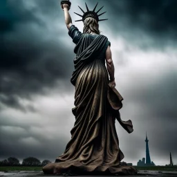 the statue of liberty, dress dirty and torn, her face solemn and terse, trash littered at her feet, she holds a crumpled american flag, she walks away with back turned under a dark and dreary sky, wide angle