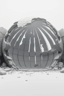 Collapsed shell — dome that partially sinks according to a weakening algorithm; deformed panels; open joints; gray-opaque atmosphere; data-generated sense of ruin.