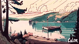 Couer D Alene lake drawn in a soft lofi art style