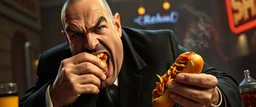 mean looking mafia thug eating a two hot dogs while fighting