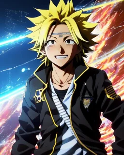 Detailed anime portrait of denki Kaminari from my hero academia, golden hair, black suit, intricate details, full body portrait, keep head in frame, slight smile, black Japanese motif, concept art, highly detailed, digital painting, concept art, sharp focus, illustration, art by Yoji Shinkawa, WLOP and greg rutkowski and alphonse mucha and artgerm and yanjun Chen and Junji ito and Makoto Shinkai, HDR, octane render