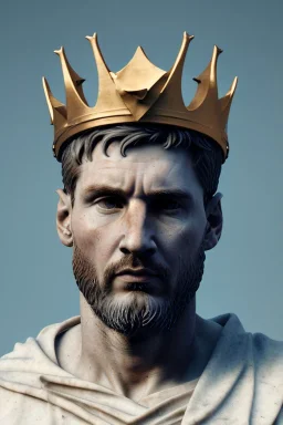 Ultra Realistic image, Roman sculpture, white marble material, Lionel Messi, gold crown of natural thorns, god crown, Miguel angel david style, sun rays background, waist up portrait, epic, celestial, cinematic lighting, God lights, 4k resolution, smooth details, soft lighting, unreal engine 5, art station, substance 3d.