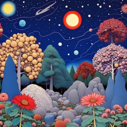 Colourful, peaceful, Max Ernst, Hiroshige, Gustav Klimt, night sky filled with galaxies and stars, trees, rocks, giant flowers, one-line drawing, sharp focus, 8k, 3d