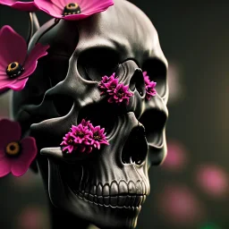 black skull with flowers, 4k, 8k, highly detailed, cinematic, ultra photorealistic, ultra realistic, volumetric lighting